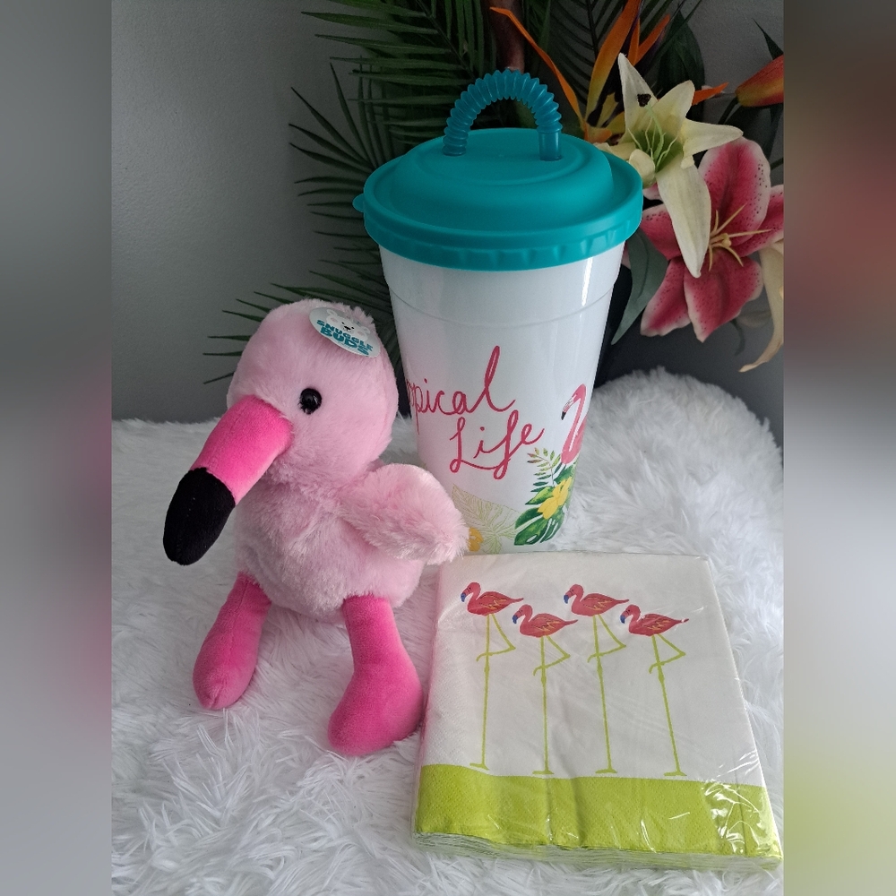 Flamingo Themed 3 PCs Summer Bundle NEW Jumbo Tumbler, Napkins & Plush
